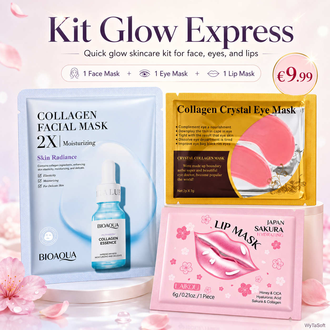 Soin glow express pour le visage, les yeux et les lèvres.